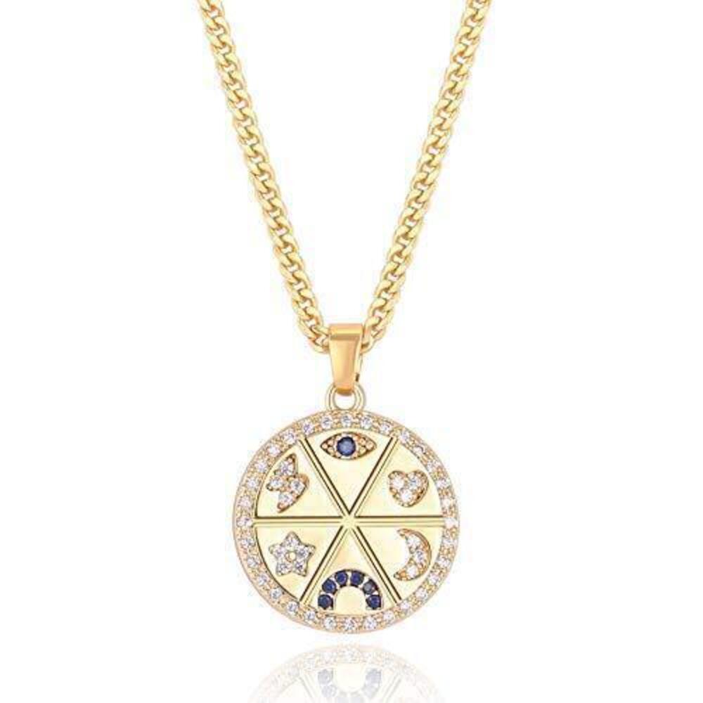 1252 Blue Evil Eye Horseshoe Pendant Coin Necklace 18k Gold Cuban Chain